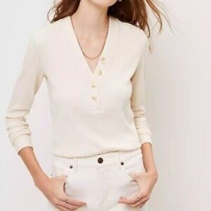 LOFT Cream V-Neck Sweater with Relaxed Fit